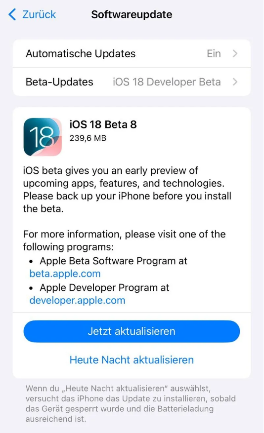 四川苹果手机维修分享苹果 iOS / iPadOS 18 开发者预览版 Beta 8 发布 